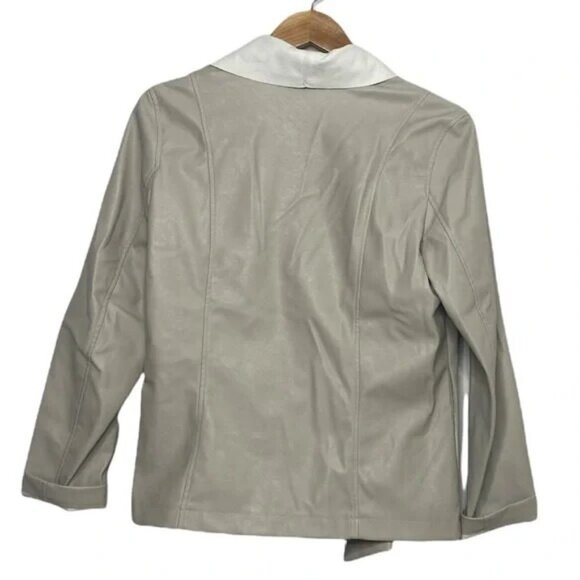 Tahari Open Front Jacket Womens Gray Stone Faux Leather Long Sleeve Pockets Sz M - Picture 2 of 12